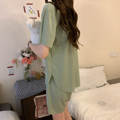 Summer Solid Pajama Sets Women Cozy Ice Fabric Loose Casual Homewear Ladies Leisure Comfortable Sleepwear Teens Korean Stylish