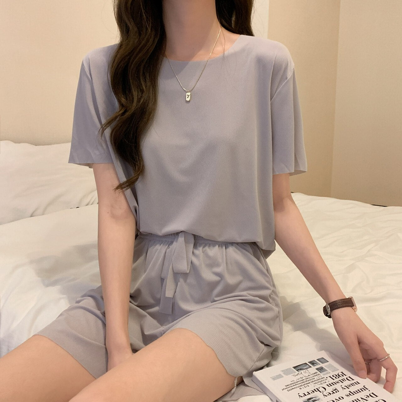 Summer Solid Pajama Sets Women Cozy Ice Fabric Loose Casual Homewear Ladies Leisure Comfortable Sleepwear Teens Korean Stylish