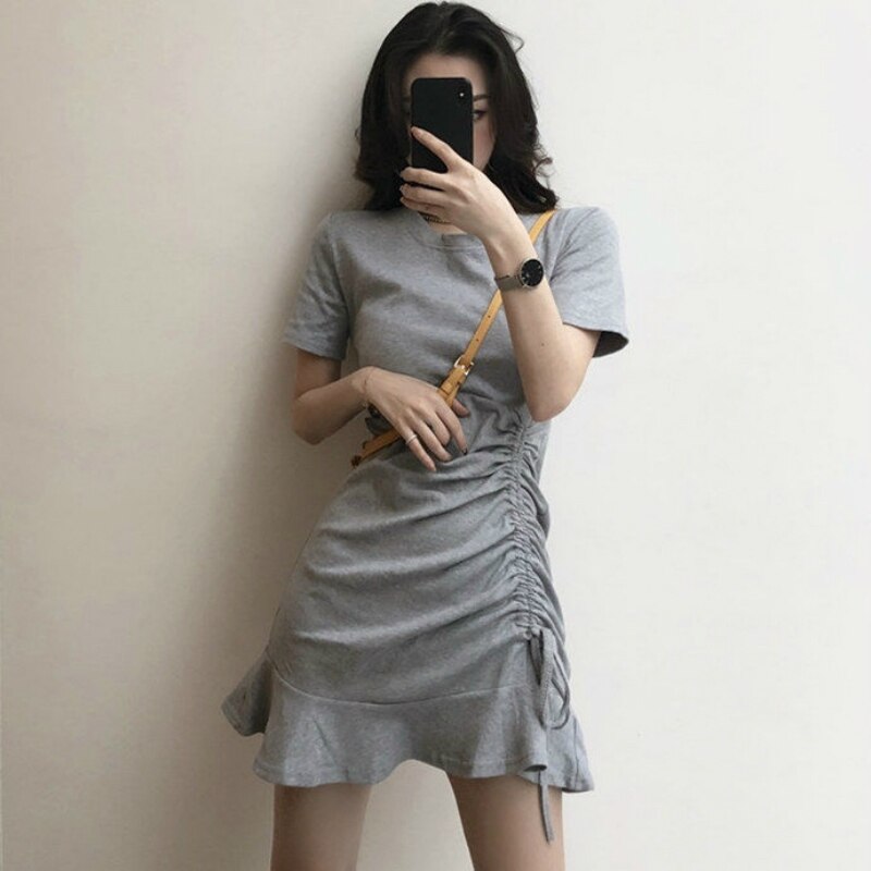 Summer Solid Ruffle Dress O Neck Mini Black Gray Slim Bandage A Line Sundress Dress Casual Vestidos Sexy Short Women Clothing