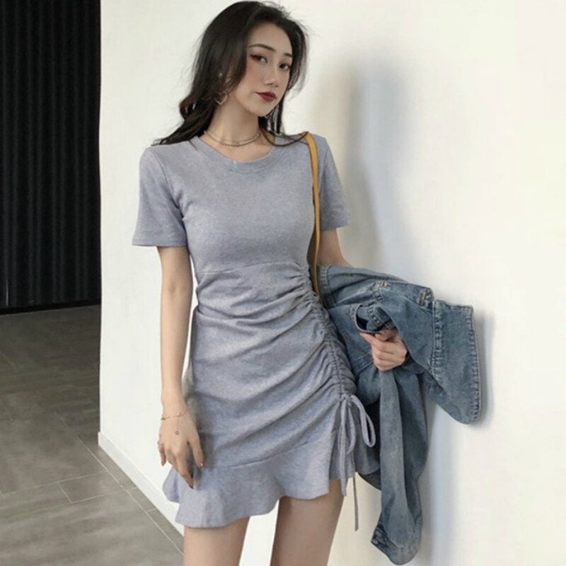 Summer Solid Ruffle Dress O Neck Mini Black Gray Slim Bandage A Line Sundress Dress Casual Vestidos Sexy Short Women Clothing