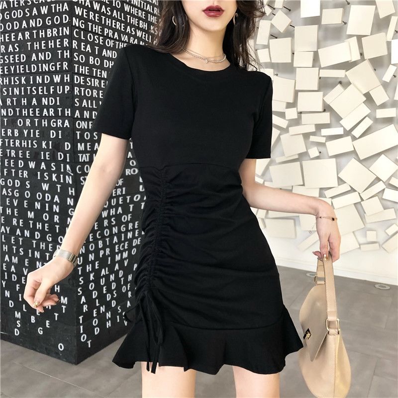 Summer Solid Ruffle Dress O Neck Mini Black Gray Slim Bandage A Line Sundress Dress Casual Vestidos Sexy Short Women Clothing