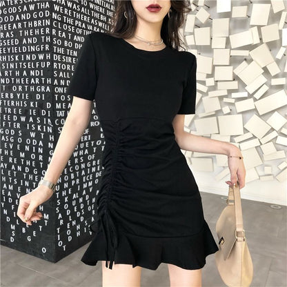 Summer Solid Ruffle Dress O Neck Mini Black Gray Slim Bandage A Line Sundress Dress Casual Vestidos Sexy Short Women Clothing
