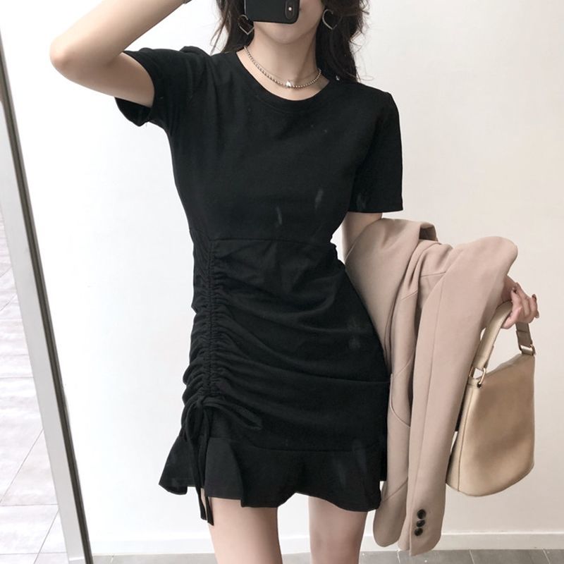 Summer Solid Ruffle Dress O Neck Mini Black Gray Slim Bandage A Line Sundress Dress Casual Vestidos Sexy Short Women Clothing