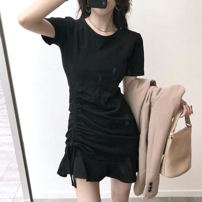 Summer Solid Ruffle Dress O Neck Mini Black Gray Slim Bandage A Line Sundress Dress Casual Vestidos Sexy Short Women Clothing