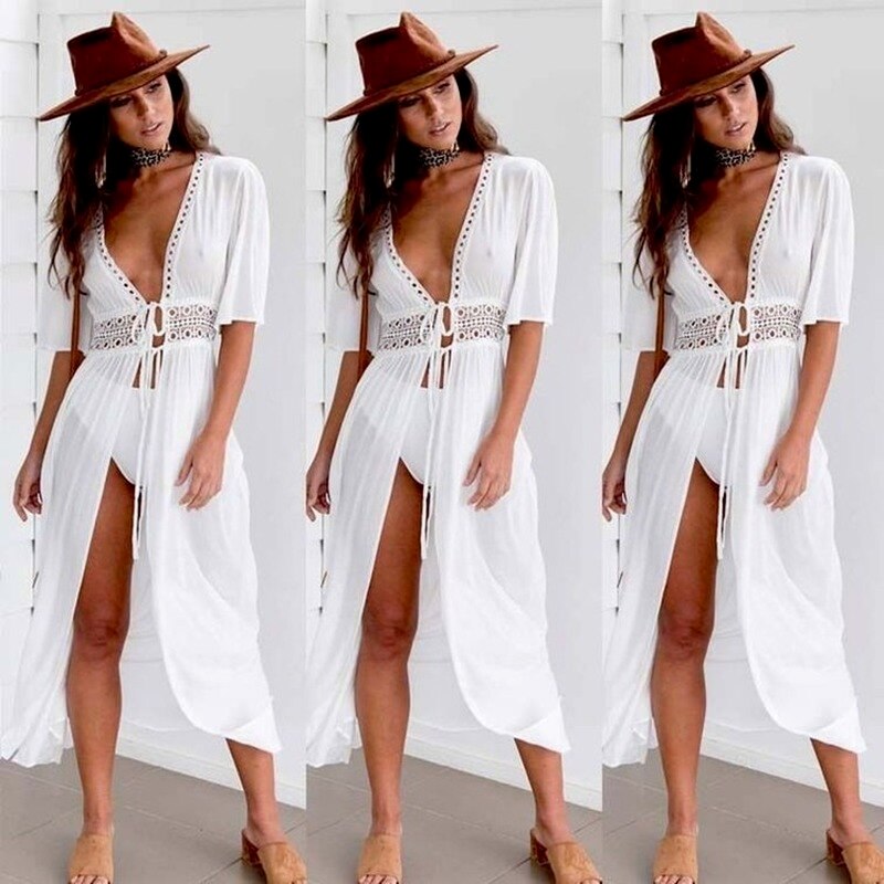 Women's Summer Bikini Cover Ups Beach Coat Swimsuit Lace Beachwear Sun Protection Clothes Knitted Beach Dress Women Cover-Ups