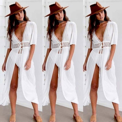 Women's Summer Bikini Cover Ups Beach Coat Swimsuit Lace Beachwear Sun Protection Clothes Knitted Beach Dress Women Cover-Ups