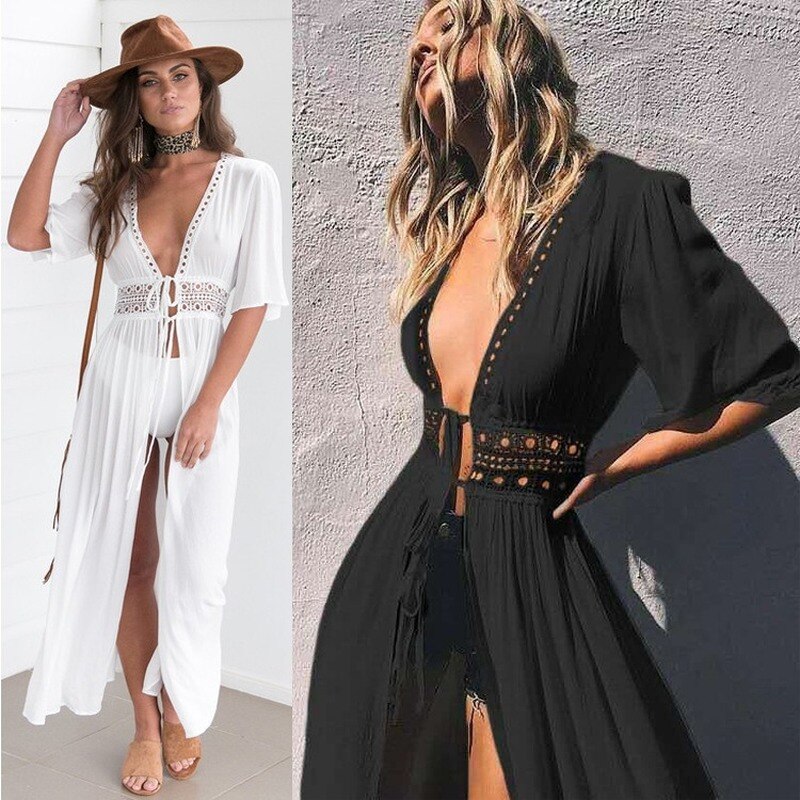 Women's Summer Bikini Cover Ups Beach Coat Swimsuit Lace Beachwear Sun Protection Clothes Knitted Beach Dress Women Cover-Ups