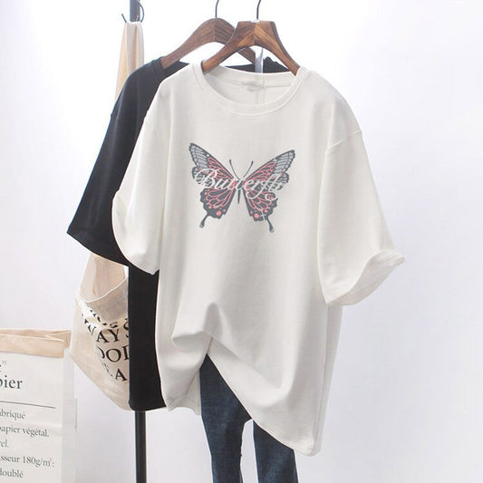 Summer butterfly printed cotton large long short sleeve T-shirt for women's loose and versatile black top