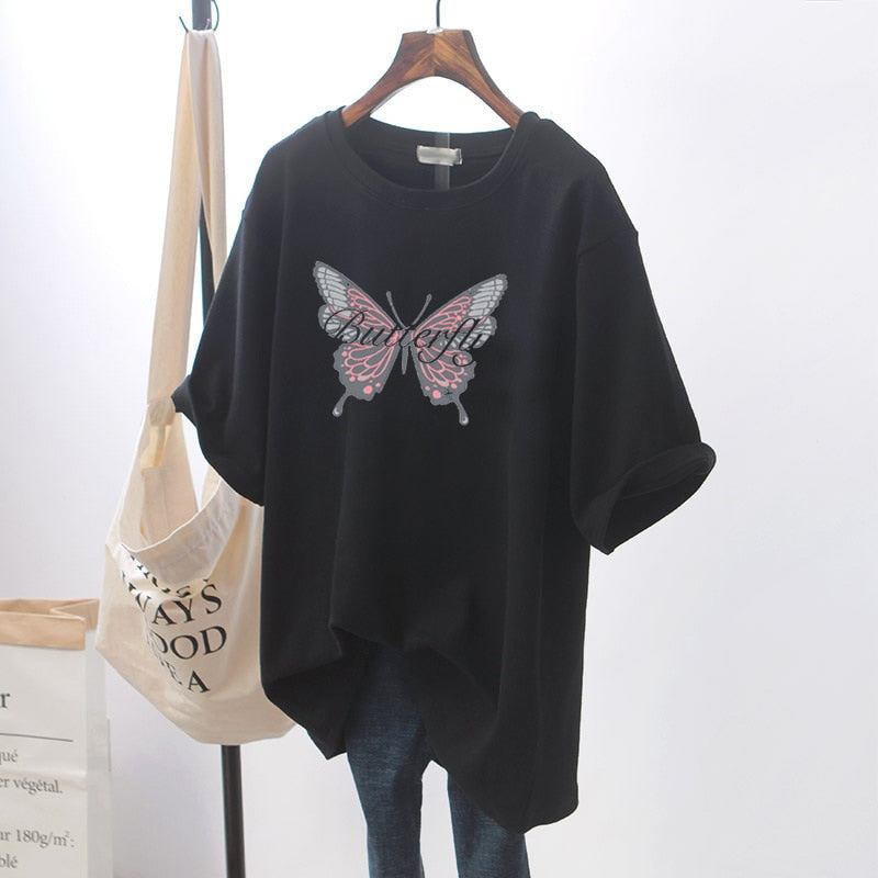 Summer butterfly printed cotton large long short sleeve T-shirt for women's loose and versatile black top