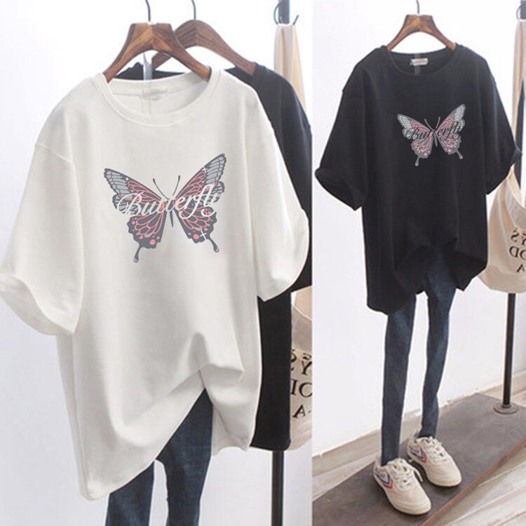 Summer butterfly printed cotton large long short sleeve T-shirt for women's loose and versatile black top