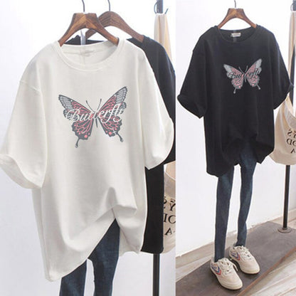 Summer butterfly printed cotton large long short sleeve T-shirt for women's loose and versatile black top