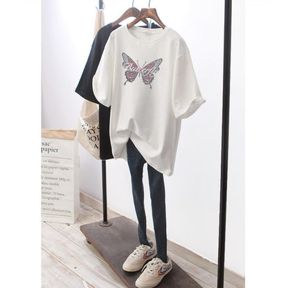 Summer butterfly printed cotton large long short sleeve T-shirt for women's loose and versatile black top