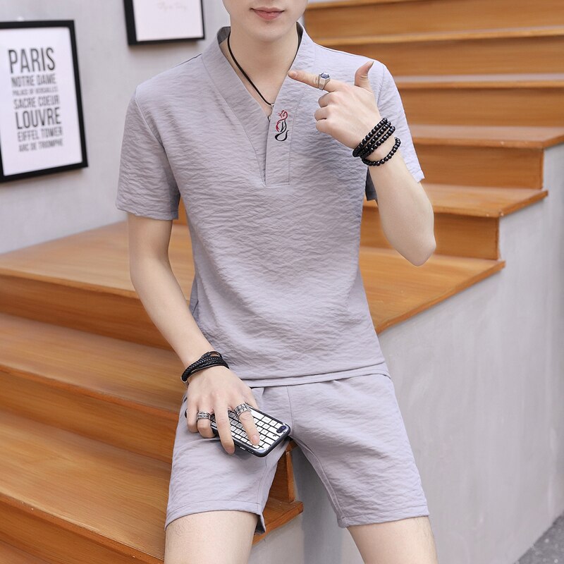 Men's 2 Piece Set Casual Shorts and Short-sleeve T-shirt Breathable Slim Fit V neck  linen suits 2020 new