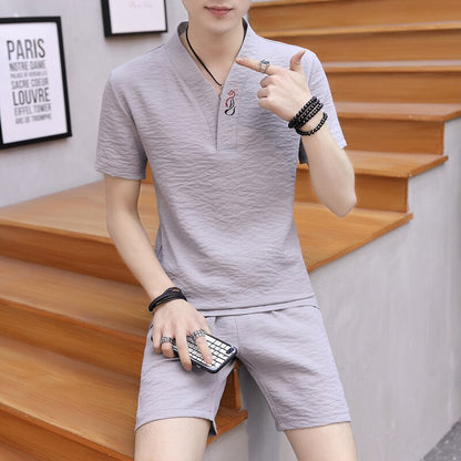 Men's 2 Piece Set Casual Shorts and Short-sleeve T-shirt Breathable Slim Fit V neck  linen suits 2020 new