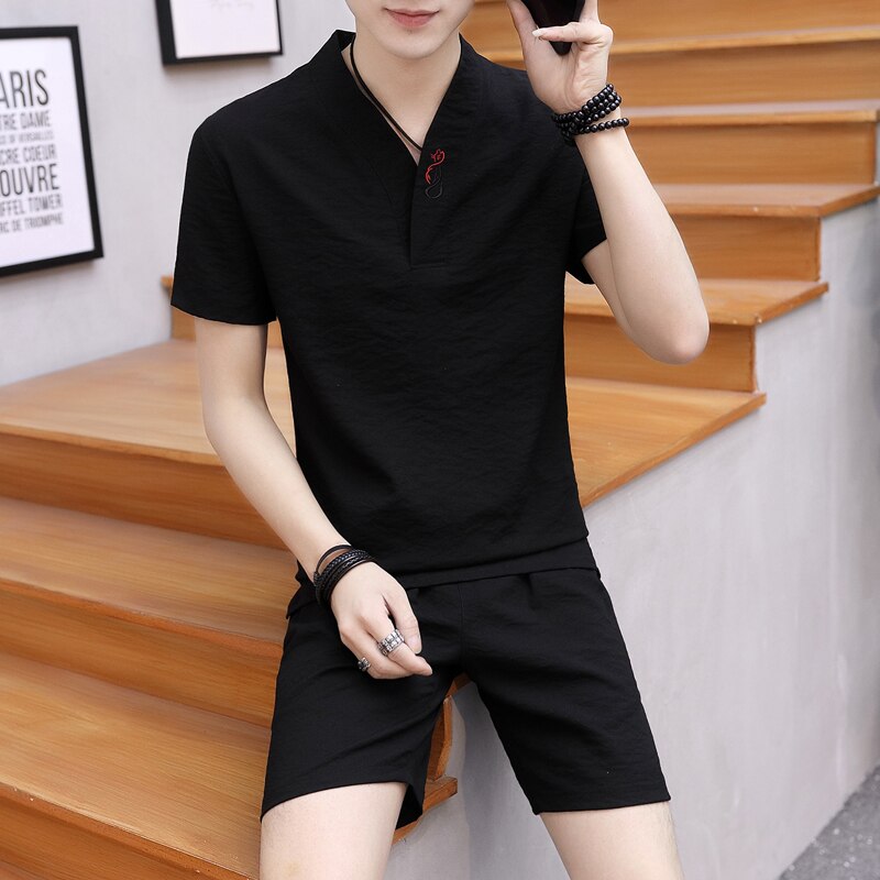 Men's 2 Piece Set Casual Shorts and Short-sleeve T-shirt Breathable Slim Fit V neck  linen suits 2020 new