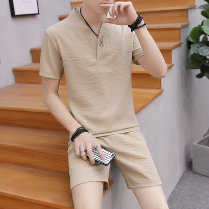 Men's 2 Piece Set Casual Shorts and Short-sleeve T-shirt Breathable Slim Fit V neck  linen suits 2020 new