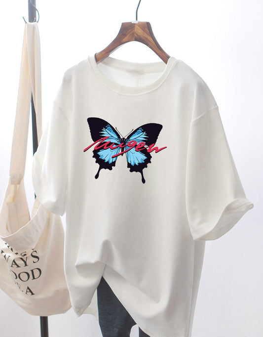 Summer t-shirt women's net red super-fire butterfly print short sleeve tide loose half-sleeve