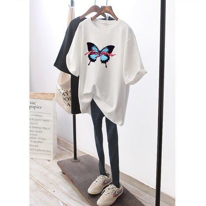 Summer t-shirt women's net red super-fire butterfly print short sleeve tide loose half-sleeve