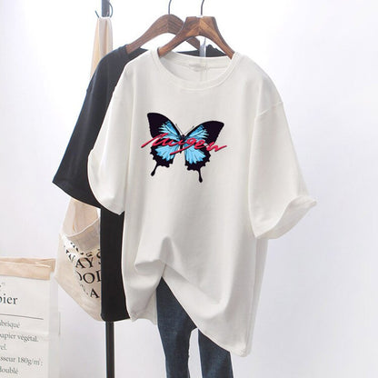 Summer t-shirt women's net red super-fire butterfly print short sleeve tide loose half-sleeve