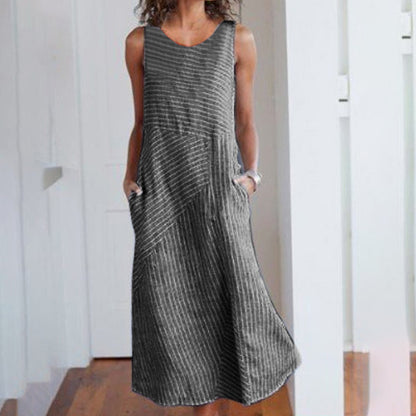 Women's Summer Sundress Dress 2019 Boho Sexy Dress Midi Plus Size Casual Linen Loose Sleeveless Stripe Pocket Long Maxi Dress 4.25