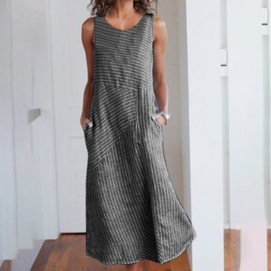 Women's Summer Sundress Dress 2019 Boho Sexy Dress Midi Plus Size Casual Linen Loose Sleeveless Stripe Pocket Long Maxi Dress 4.25