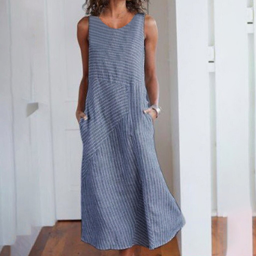 Women's Summer Sundress Dress 2019 Boho Sexy Dress Midi Plus Size Casual Linen Loose Sleeveless Stripe Pocket Long Maxi Dress 4.25