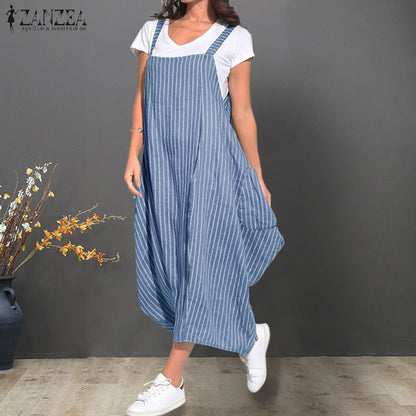 ZANZEA Women Summer Dress Ladies Sleeveless Striped Maxi Dresses Casual Baggy Long Vestidos Female Beach Bohemian Dress Sundress
