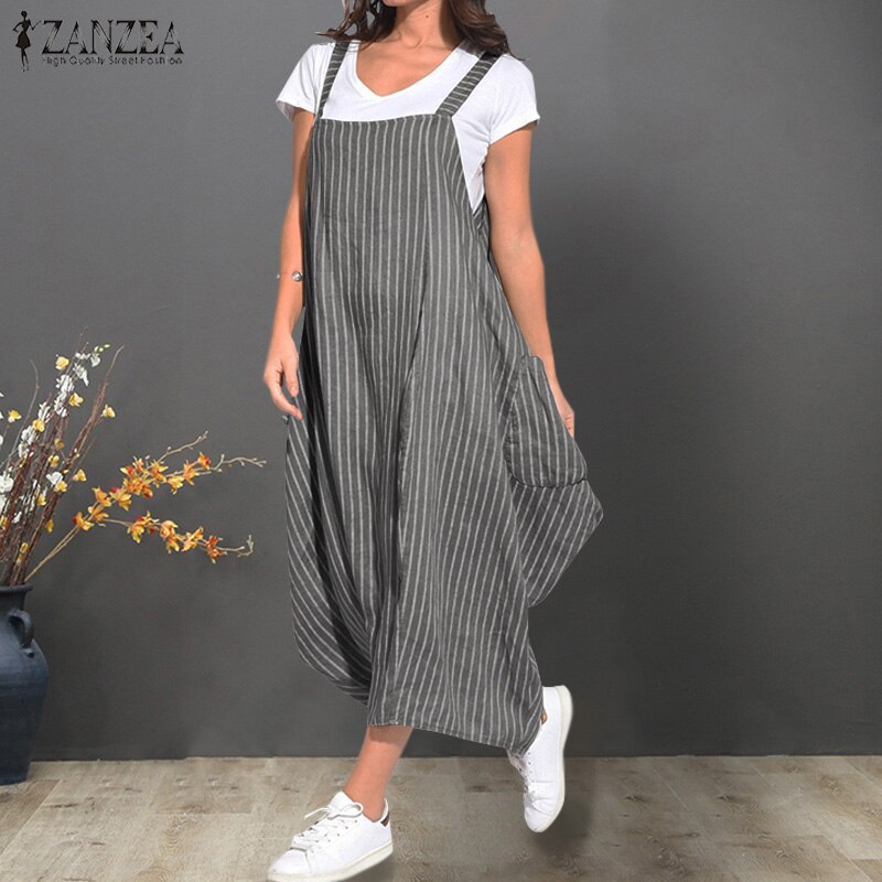 ZANZEA Women Summer Dress Ladies Sleeveless Striped Maxi Dresses Casual Baggy Long Vestidos Female Beach Bohemian Dress Sundress