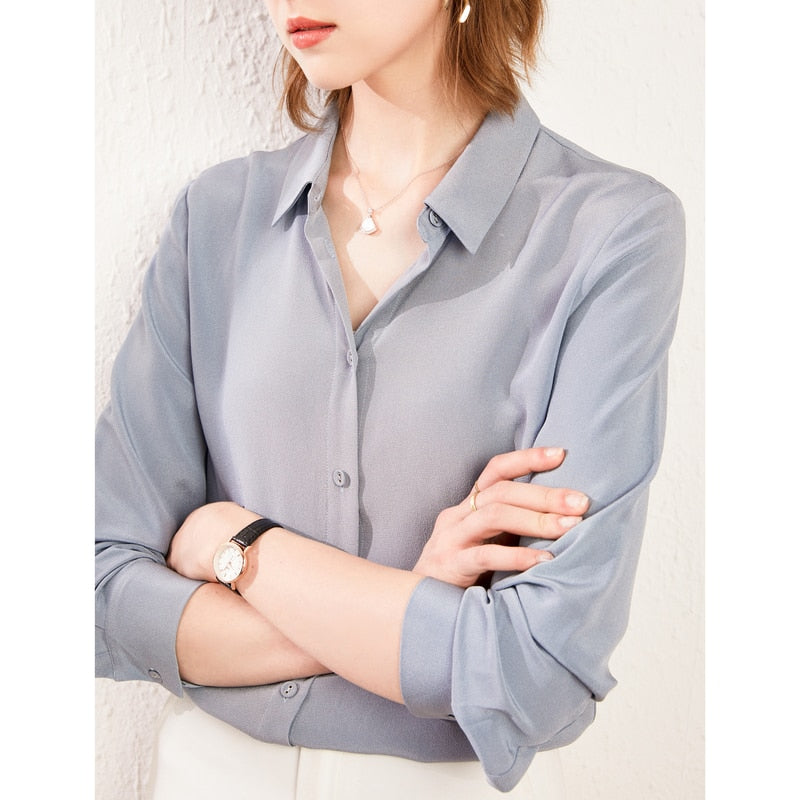 SuyaDream Silk Blouses Woman 22MM 100% REAL SILK CREPE Solid Long Sleeve Turn Down Collar Office Chic Blouse 2020 Elegant Shirt
