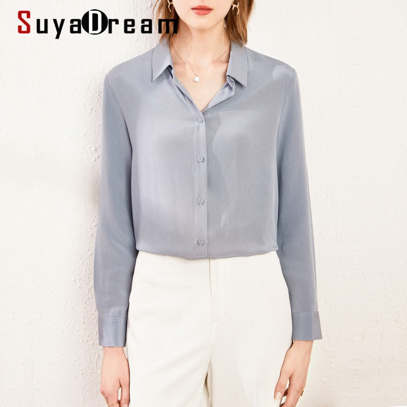 SuyaDream Silk Blouses Woman 22MM 100% REAL SILK CREPE Solid Long Sleeve Turn Down Collar Office Chic Blouse 2020 Elegant Shirt