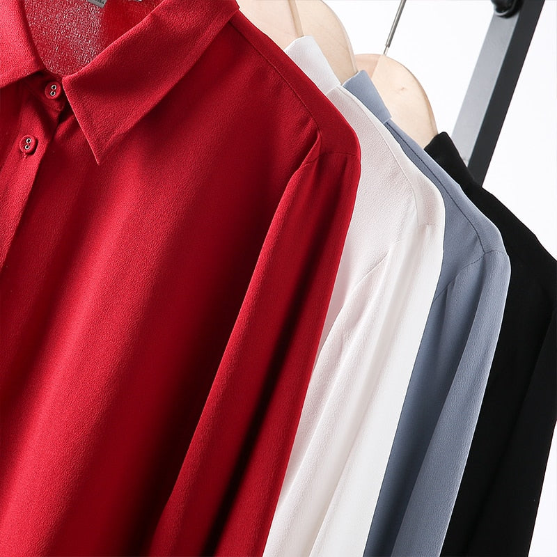 SuyaDream Silk Blouses Woman 22MM 100% REAL SILK CREPE Solid Long Sleeve Turn Down Collar Office Chic Blouse 2020 Elegant Shirt