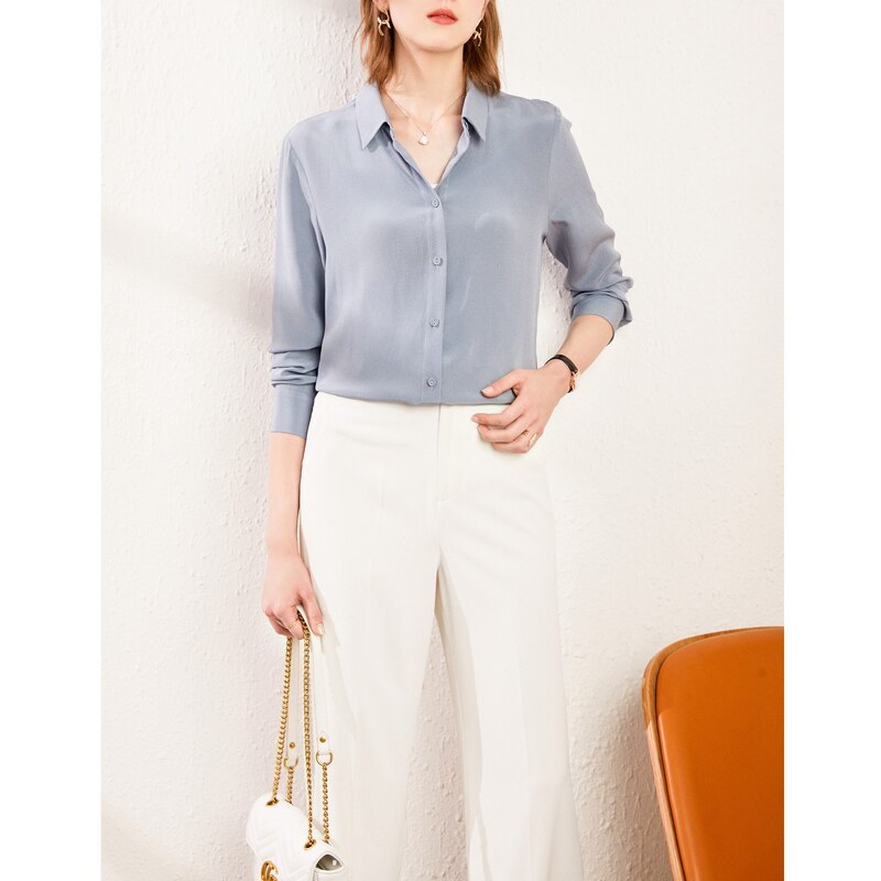 SuyaDream Silk Blouses Woman 22MM 100% REAL SILK CREPE Solid Long Sleeve Turn Down Collar Office Chic Blouse 2020 Elegant Shirt