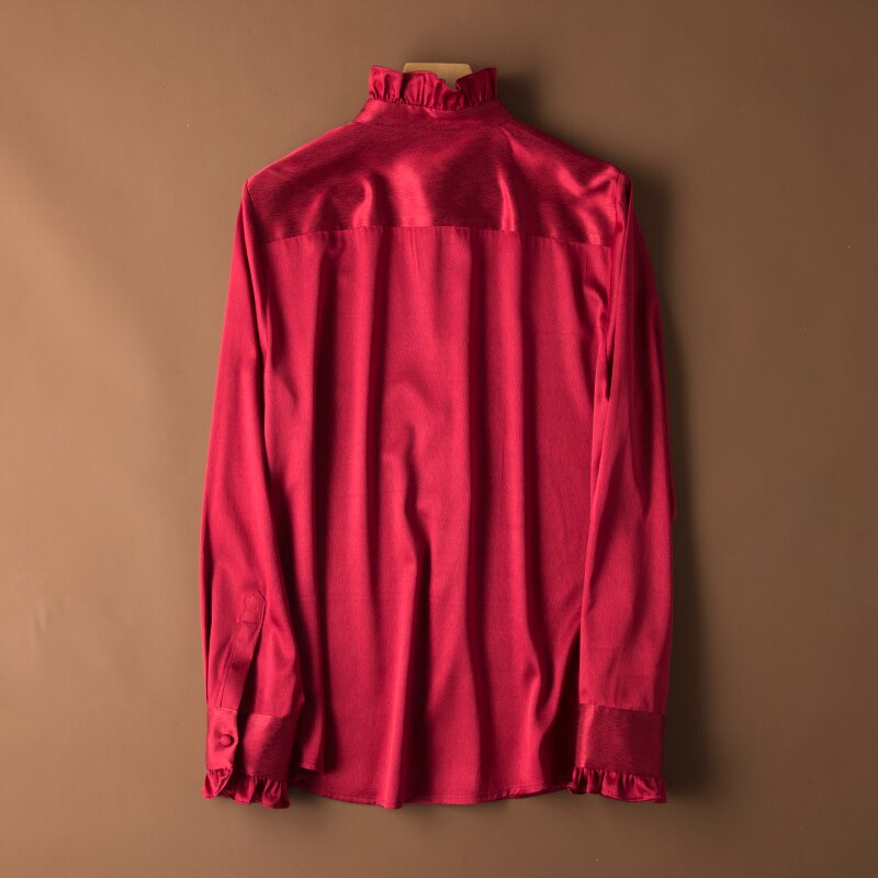 SuyaDream Women 100%Silk Satin Blouse Long Sleeved Stand Collar Button Office Blouses 2020 Spring Shirt