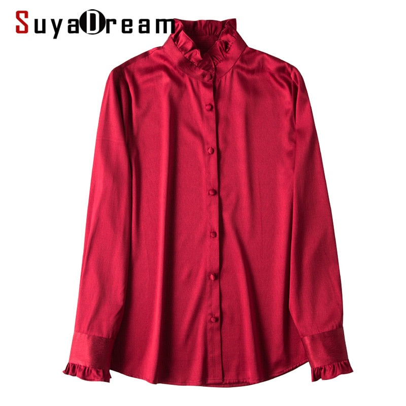 SuyaDream Women 100%Silk Satin Blouse Long Sleeved Stand Collar Button Office Blouses 2020 Spring Shirt