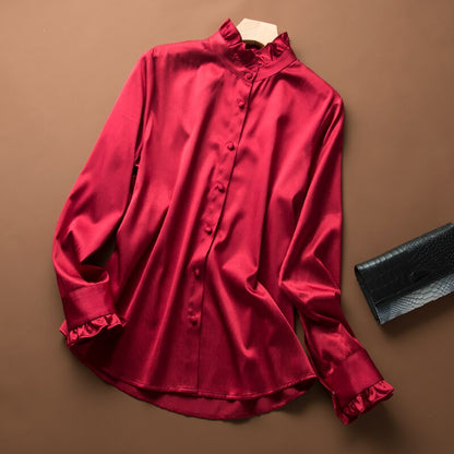 SuyaDream Women 100%Silk Satin Blouse Long Sleeved Stand Collar Button Office Blouses 2020 Spring Shirt