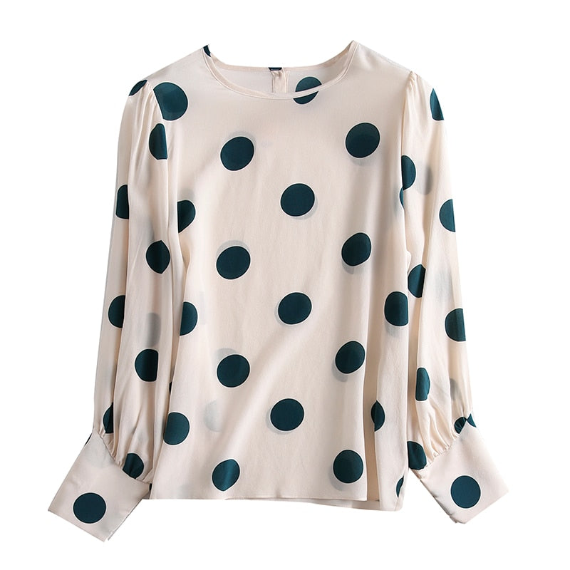 SuyaDream Women Elegant Silk Blouses 100%Silk Crepe Dots Printed Long Sleeved OFFICE Blouse SHIRT 2020 Spring Summer Top