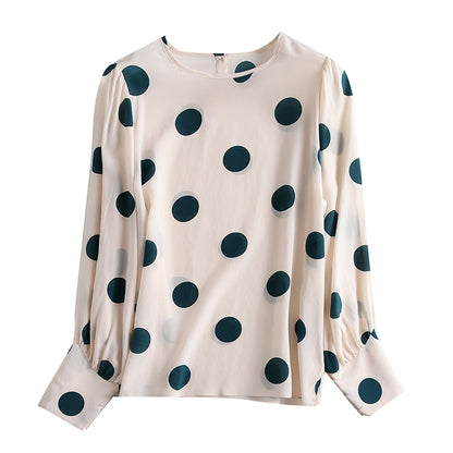 SuyaDream Women Elegant Silk Blouses 100%Silk Crepe Dots Printed Long Sleeved OFFICE Blouse SHIRT 2020 Spring Summer Top