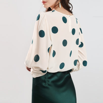 SuyaDream Women Elegant Silk Blouses 100%Silk Crepe Dots Printed Long Sleeved OFFICE Blouse SHIRT 2020 Spring Summer Top