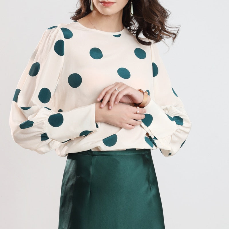 SuyaDream Women Elegant Silk Blouses 100%Silk Crepe Dots Printed Long Sleeved OFFICE Blouse SHIRT 2020 Spring Summer Top