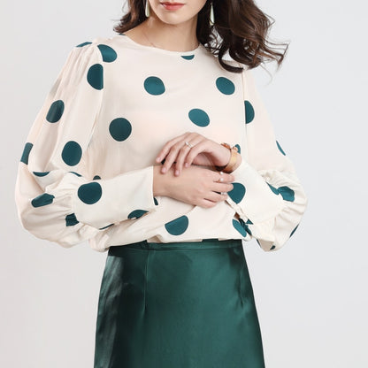 SuyaDream Women Elegant Silk Blouses 100%Silk Crepe Dots Printed Long Sleeved OFFICE Blouse SHIRT 2020 Spring Summer Top