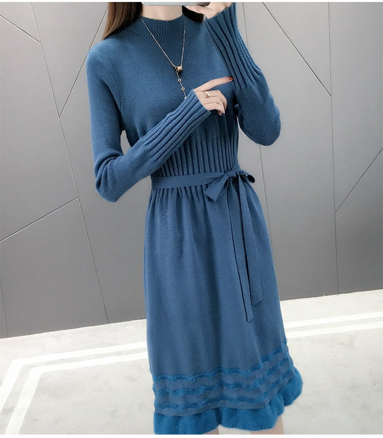 Sweet Hem velvet trim Knitted Dress 2019 Autumn Winter Women Long Sleeve Turtleneck Sashes Bow Slim Ladies Graceful OL Clothes