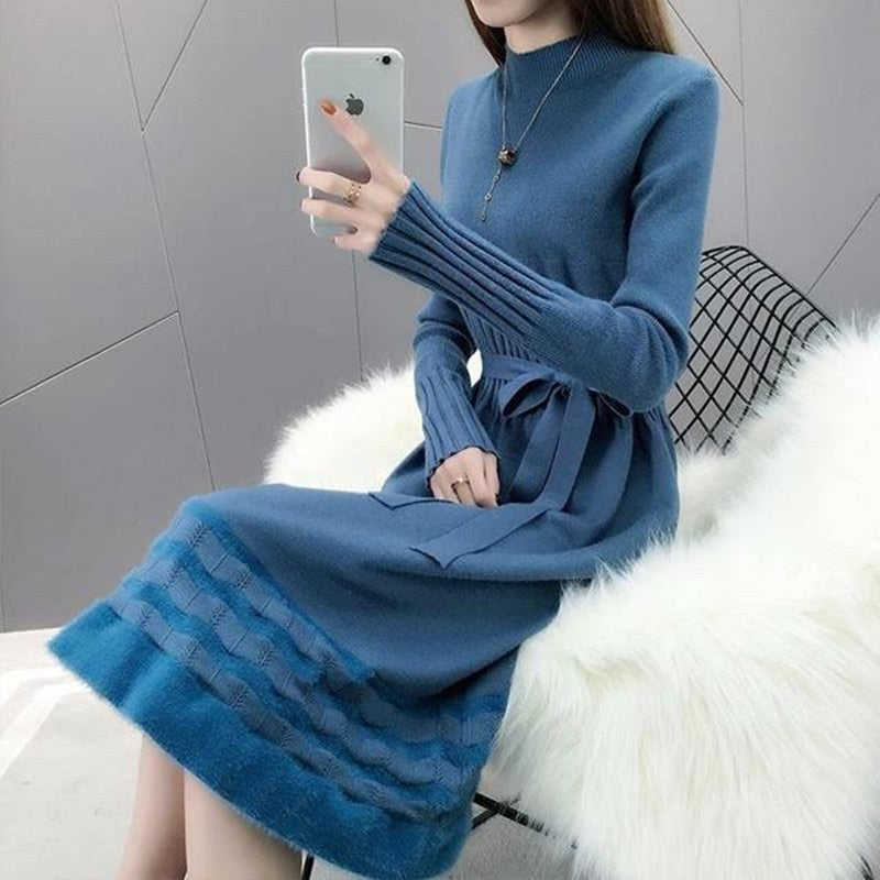 Sweet Hem velvet trim Knitted Dress 2019 Autumn Winter Women Long Sleeve Turtleneck Sashes Bow Slim Ladies Graceful OL Clothes