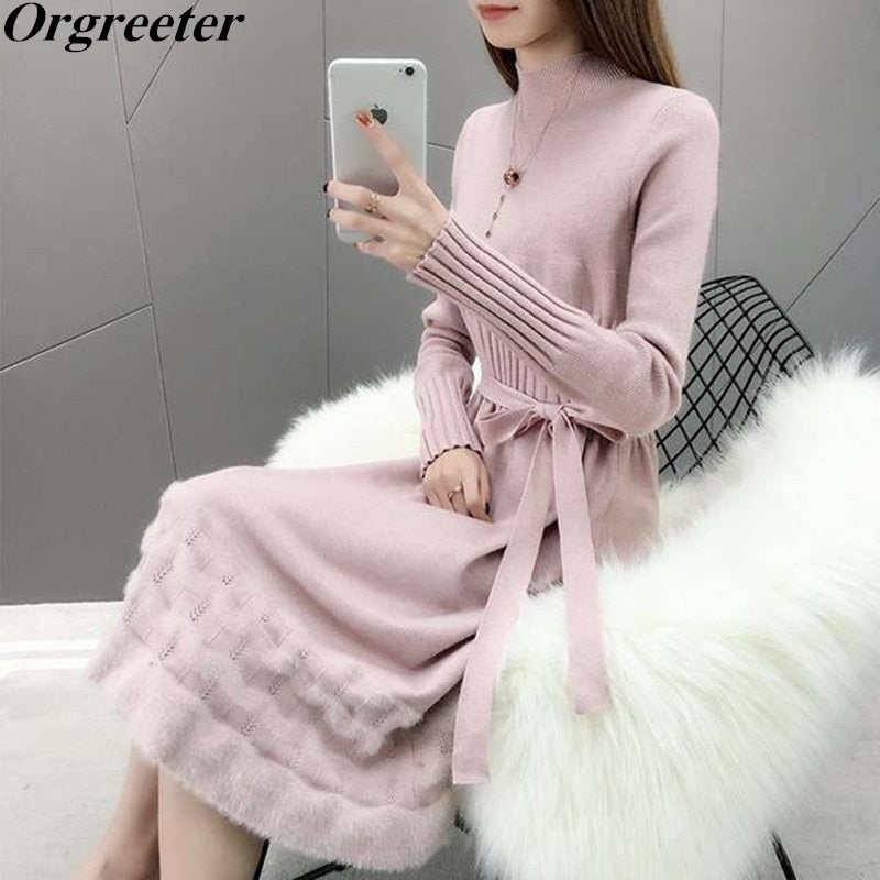 Sweet Hem velvet trim Knitted Dress 2019 Autumn Winter Women Long Sleeve Turtleneck Sashes Bow Slim Ladies Graceful OL Clothes