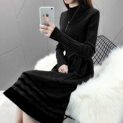 Sweet Hem velvet trim Knitted Dress 2019 Autumn Winter Women Long Sleeve Turtleneck Sashes Bow Slim Ladies Graceful OL Clothes