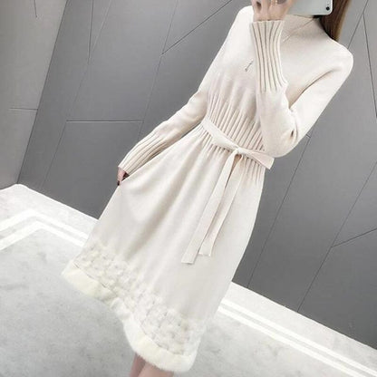 Sweet Hem velvet trim Knitted Dress 2019 Autumn Winter Women Long Sleeve Turtleneck Sashes Bow Slim Ladies Graceful OL Clothes