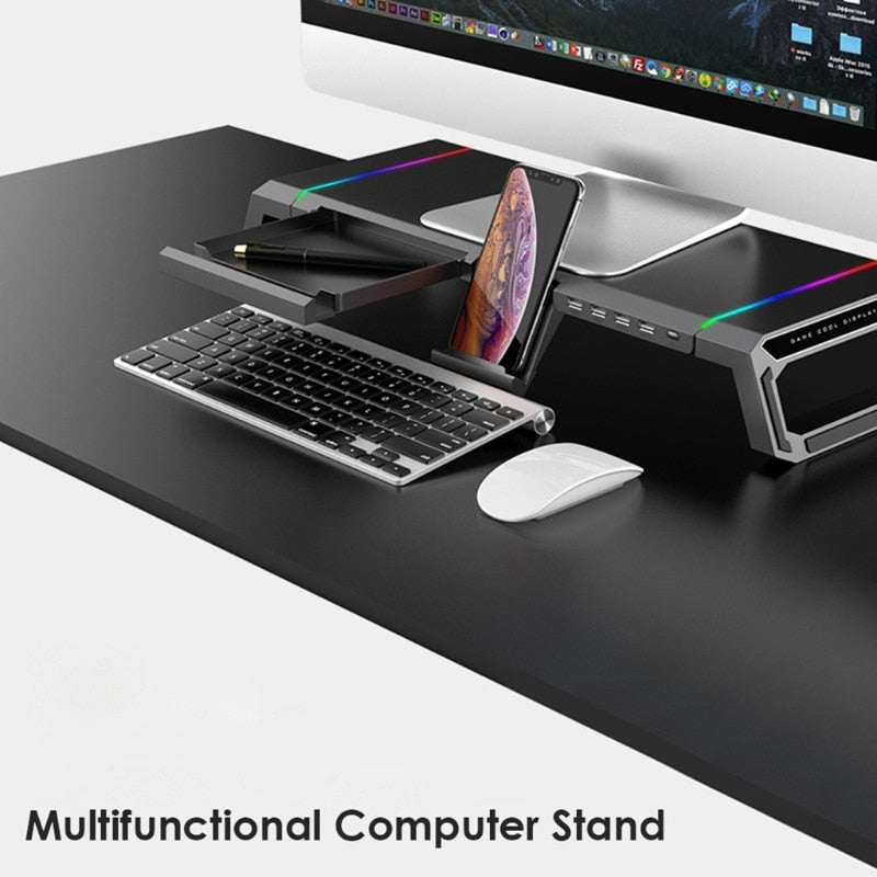 T1 Universal Monitor Stand Riser RGB Support with 4 USB 3.0 Charging Desk Organizer Holder Bracket for Laptop Computer