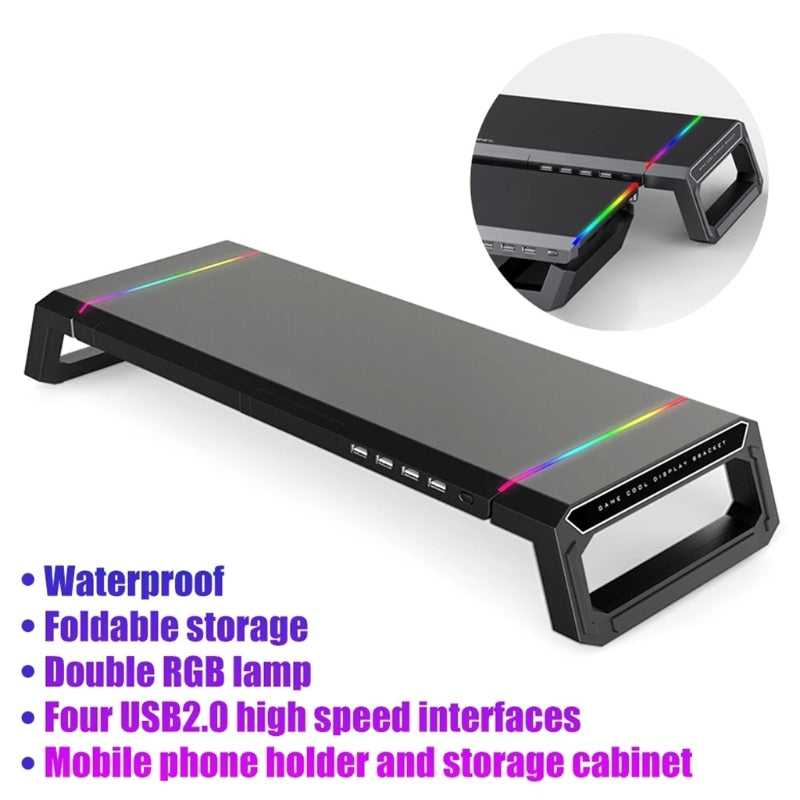 T1 Universal Monitor Stand Riser RGB Support with 4 USB 3.0 Charging Desk Organizer Holder Bracket for Laptop Computer