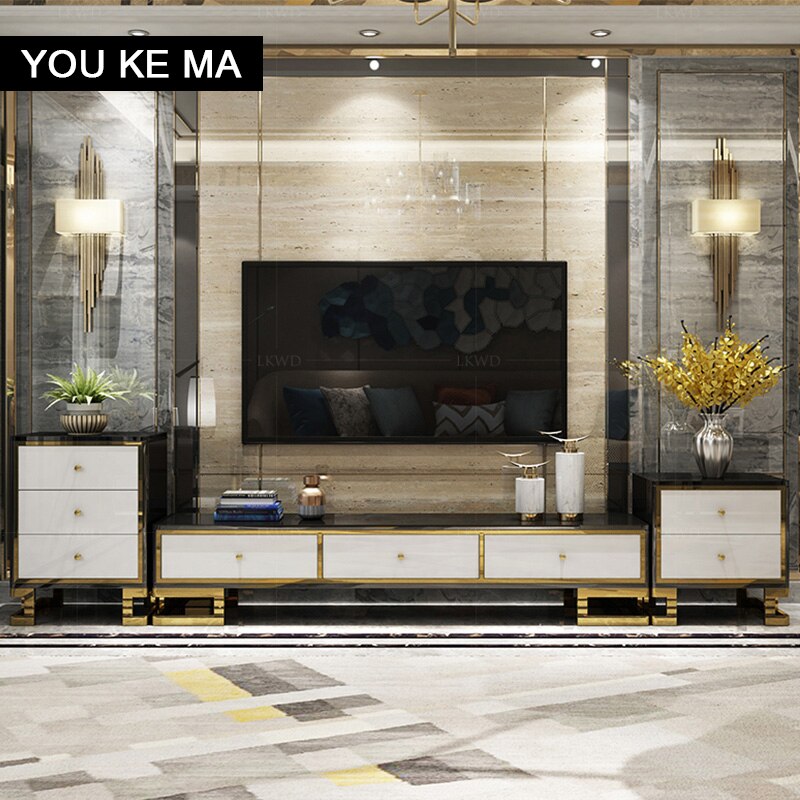 TV cabinet and tea table combination simple post-modern small light luxury tempered glass black ribbon locker floor cabinet