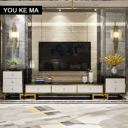 TV cabinet and tea table combination simple post-modern small light luxury tempered glass black ribbon locker floor cabinet