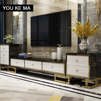 TV cabinet and tea table combination simple post-modern small light luxury tempered glass black ribbon locker floor cabinet